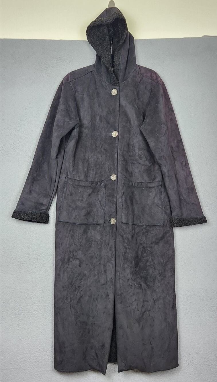 Nils Sportswear Coat Womens L Black Faux Shearling Hooded Parka Button Front